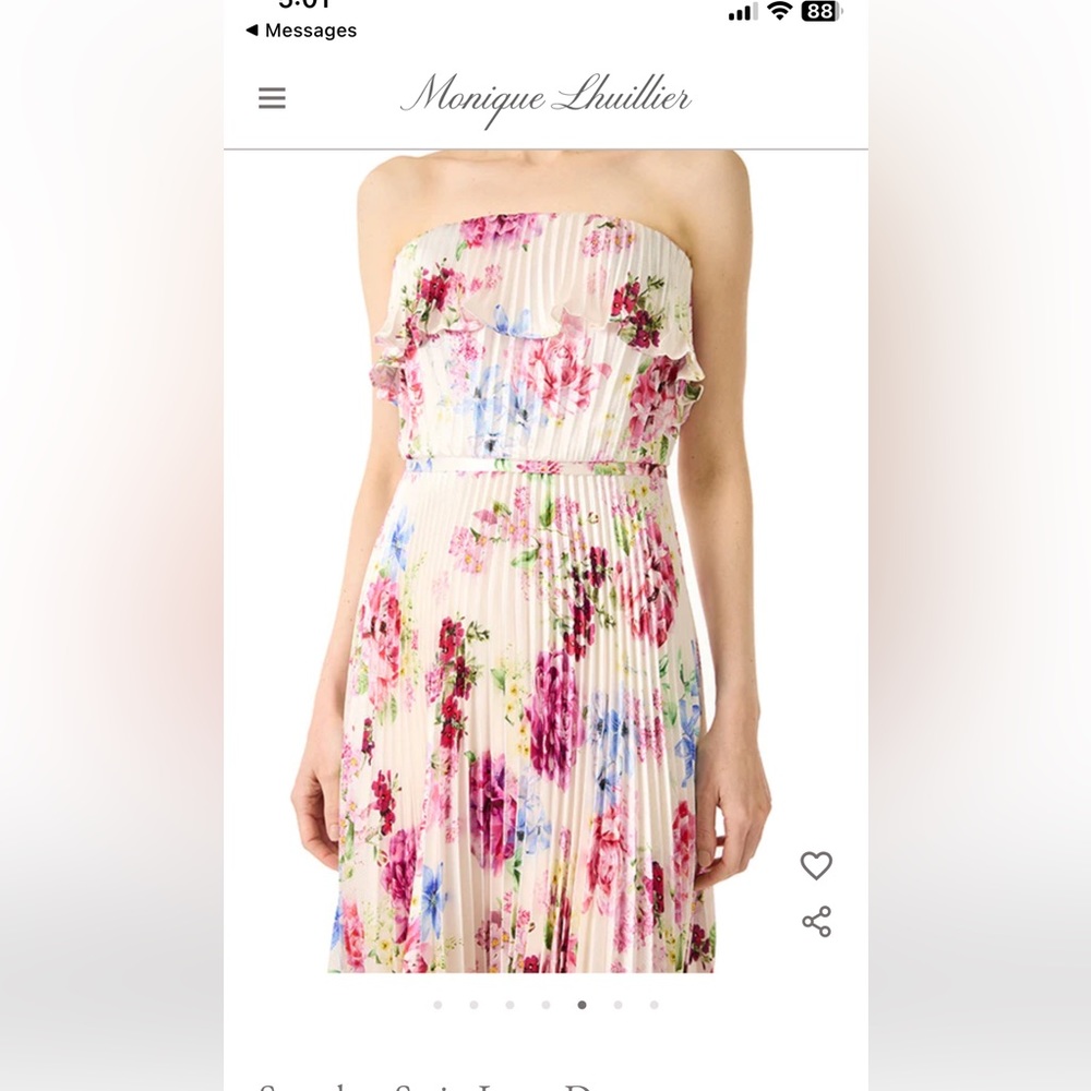 Monique Lhullier, satin “peony dream”strapless ball gown dress.  Size 8.
